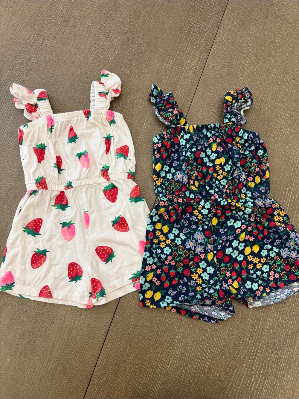 Toddler girls' Strawberry & Floral Fruit Print Romper Set - White & Navy